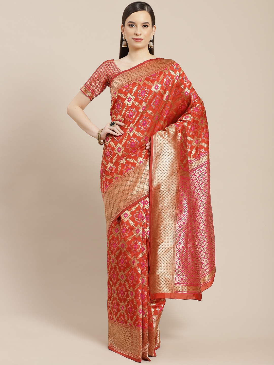 

SHUBHVASTRA Orange & Golden Ethnic Motifs Patola Saree