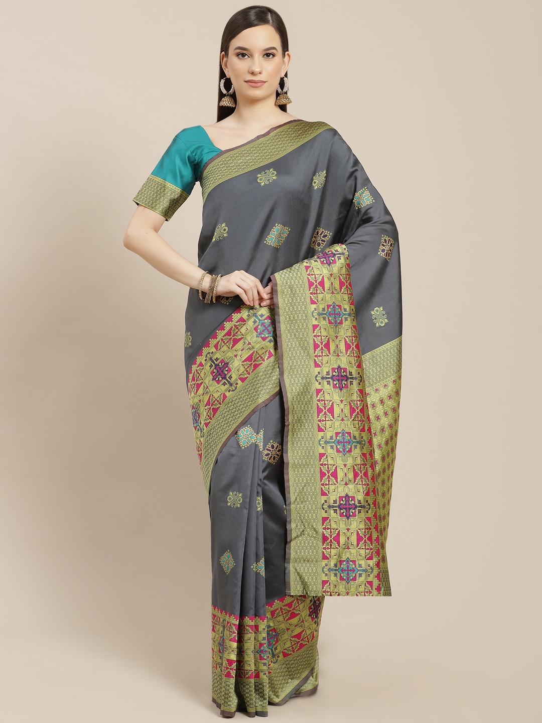 

SHUBHVASTRA Grey & Golden Ethnic Motifs Banarasi Saree