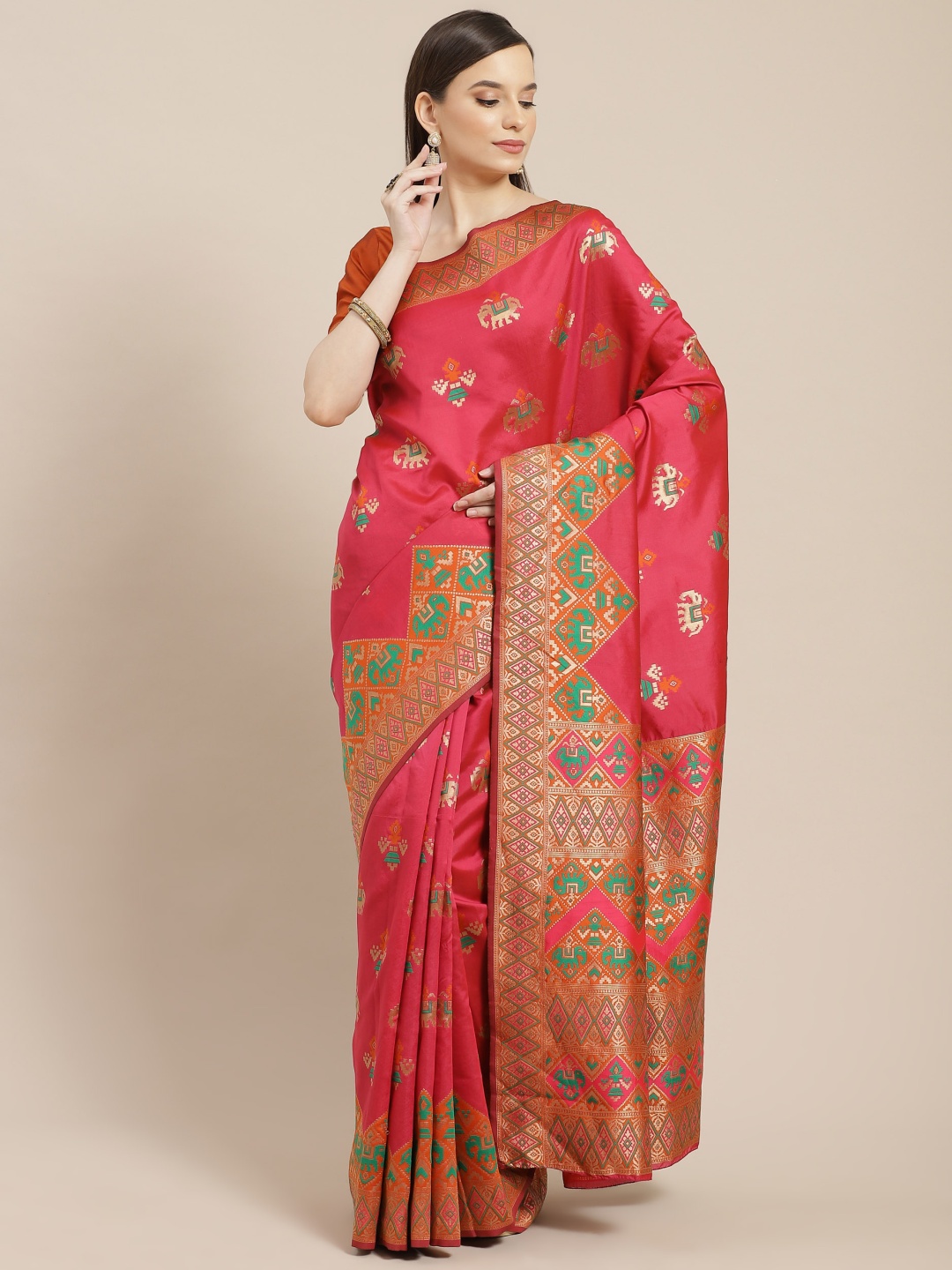 

SHUBHVASTRA Pink & Orange Ethnic Motifs Patola Saree