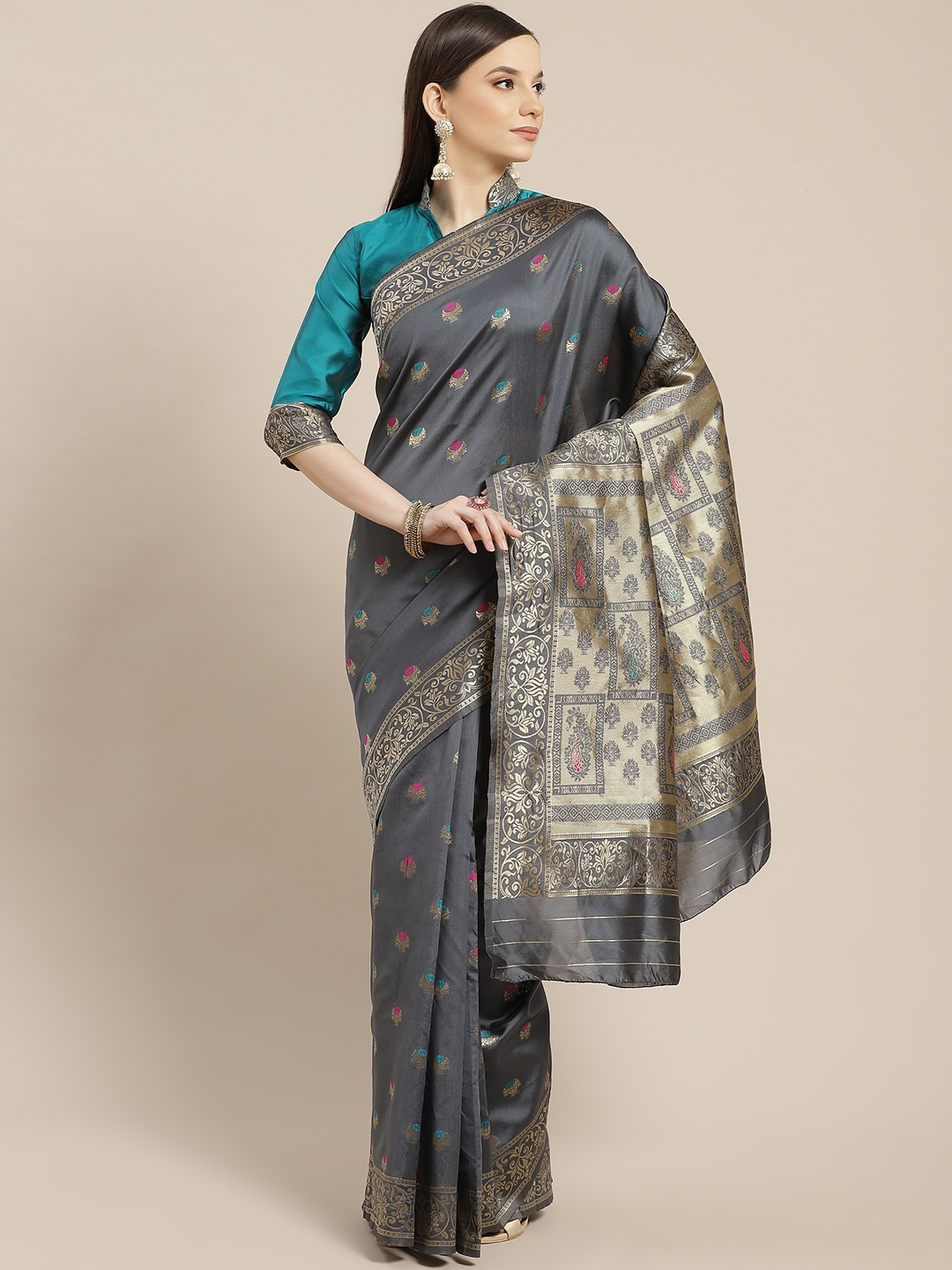 

SHUBHVASTRA Grey & Golden Ethnic Motifs Banarasi Saree