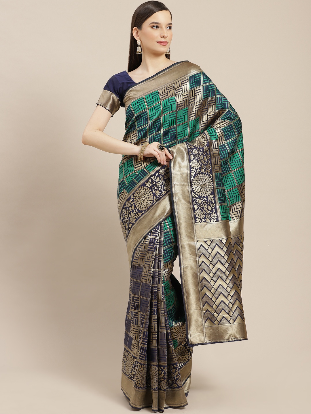 

SHUBHVASTRA Green & Navy Blue Banarasi Saree