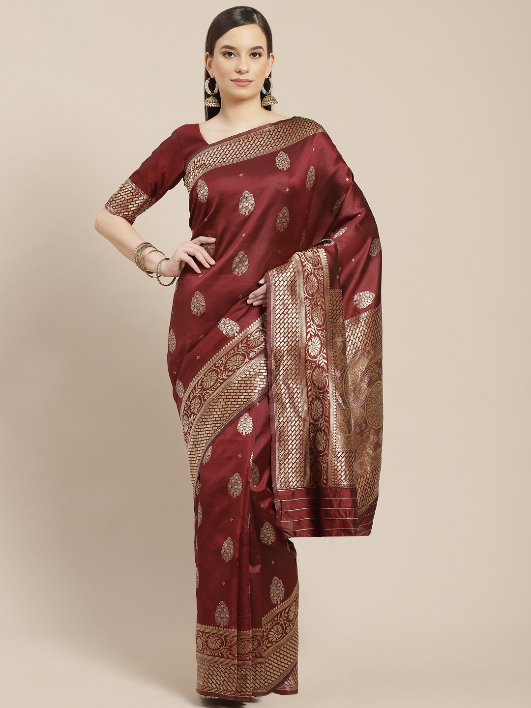 

SHUBHVASTRA Maroon & Golden Ethnic Motifs Woven Design Banarasi Saree