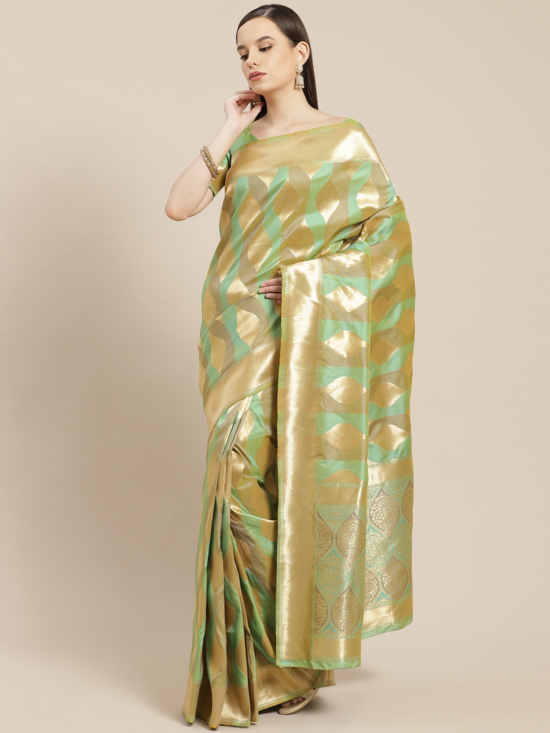 

SHUBHVASTRA Green & Golden Ethnic Motifs Woven Design Banarasi Saree
