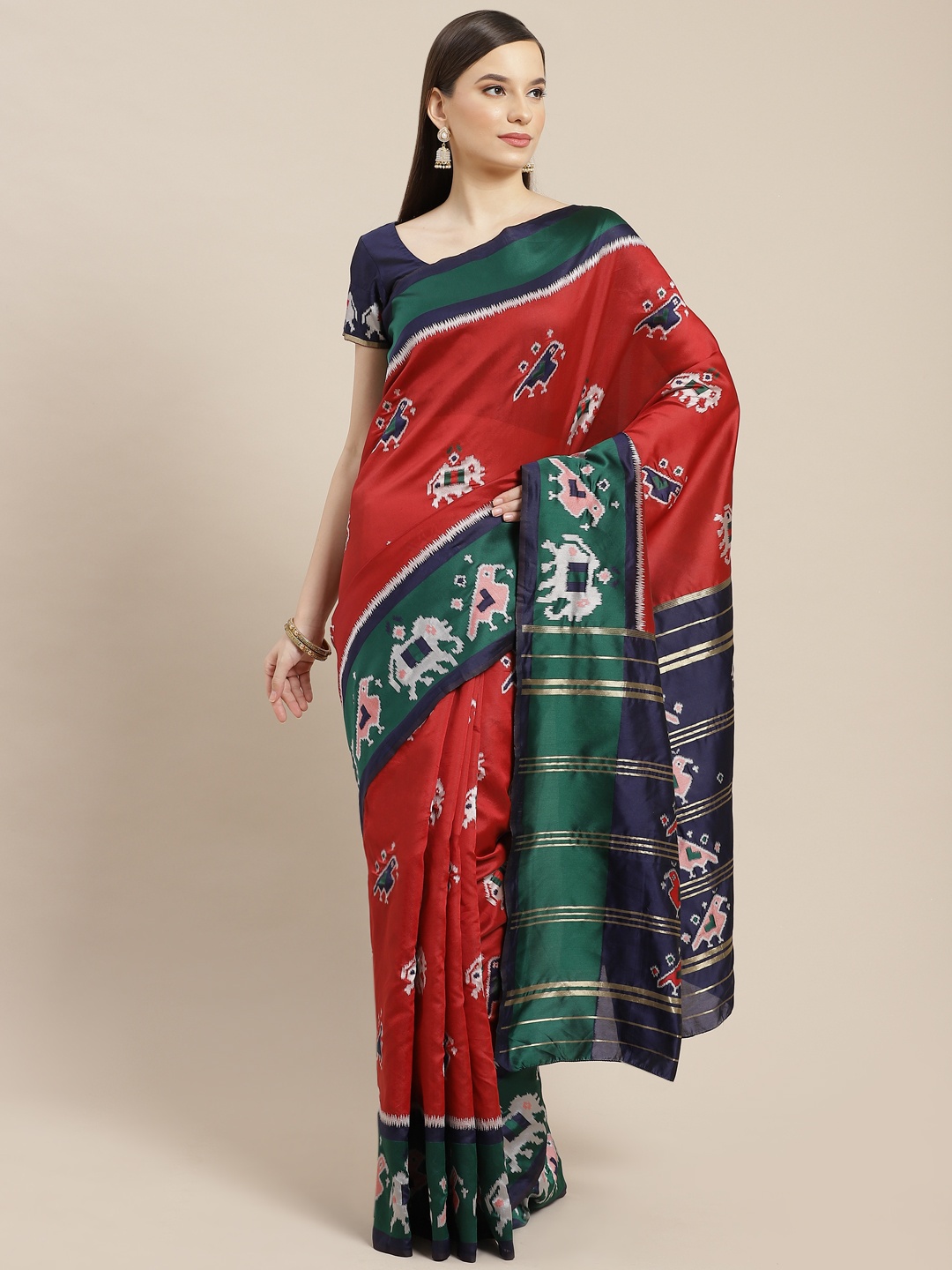 

SHUBHVASTRA Red Ethnic Motifs Woven Design Banarasi Silk Patola Saree