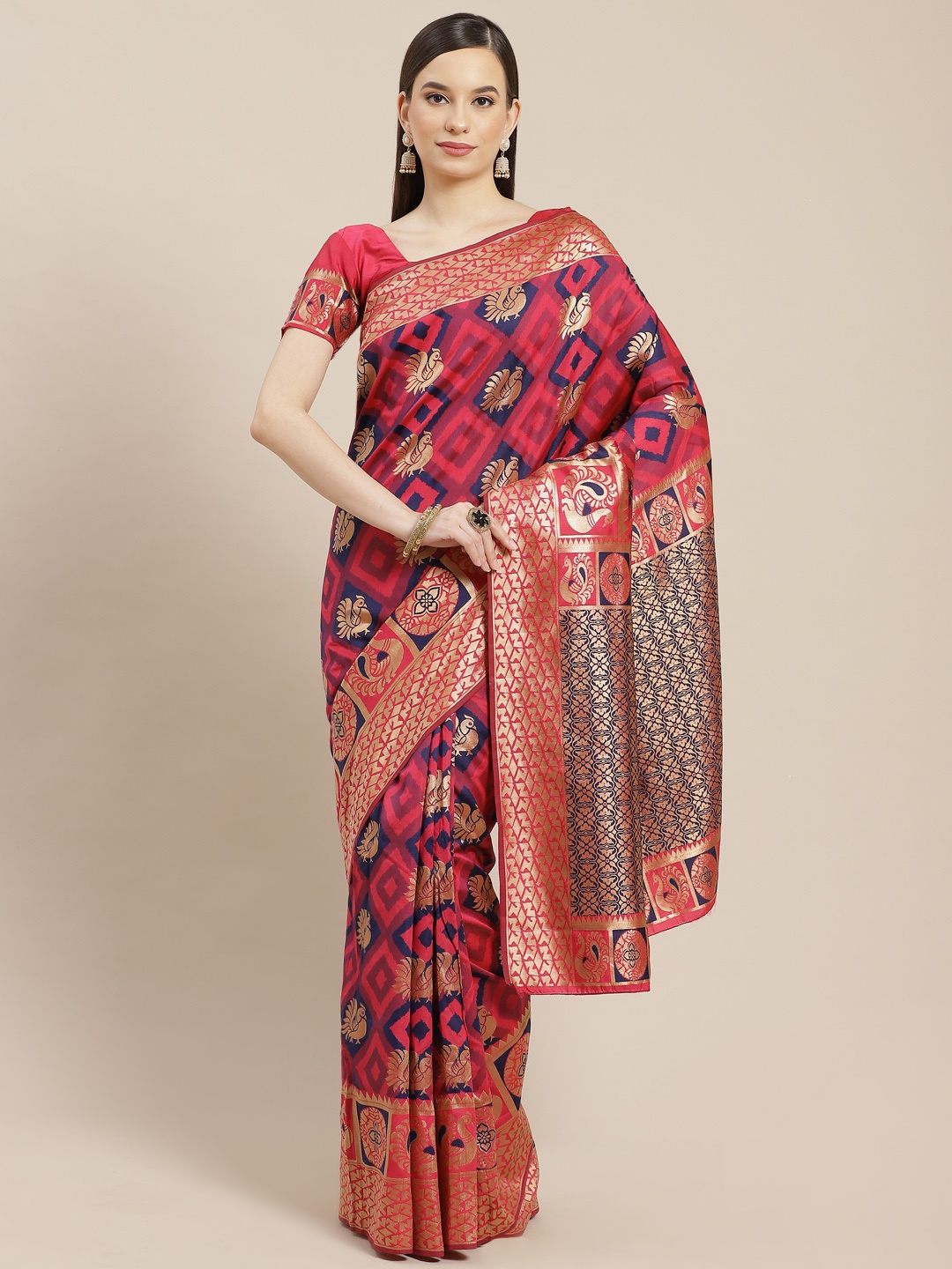 

SHUBHVASTRA Pink & Navy Blue Ethnic Motifs Woven Design Banarasi Silk Patola Saree