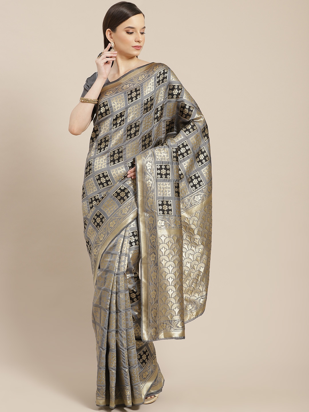 

SHUBHVASTRA Grey & Golden Ethnic Motifs Woven Design Banarasi Saree