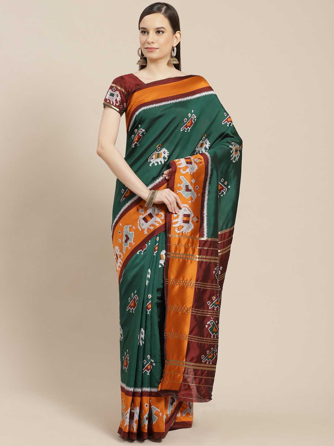 

SHUBHVASTRA Green Ethnic Motifs Banarasi Silk Woven Design Patola Saree