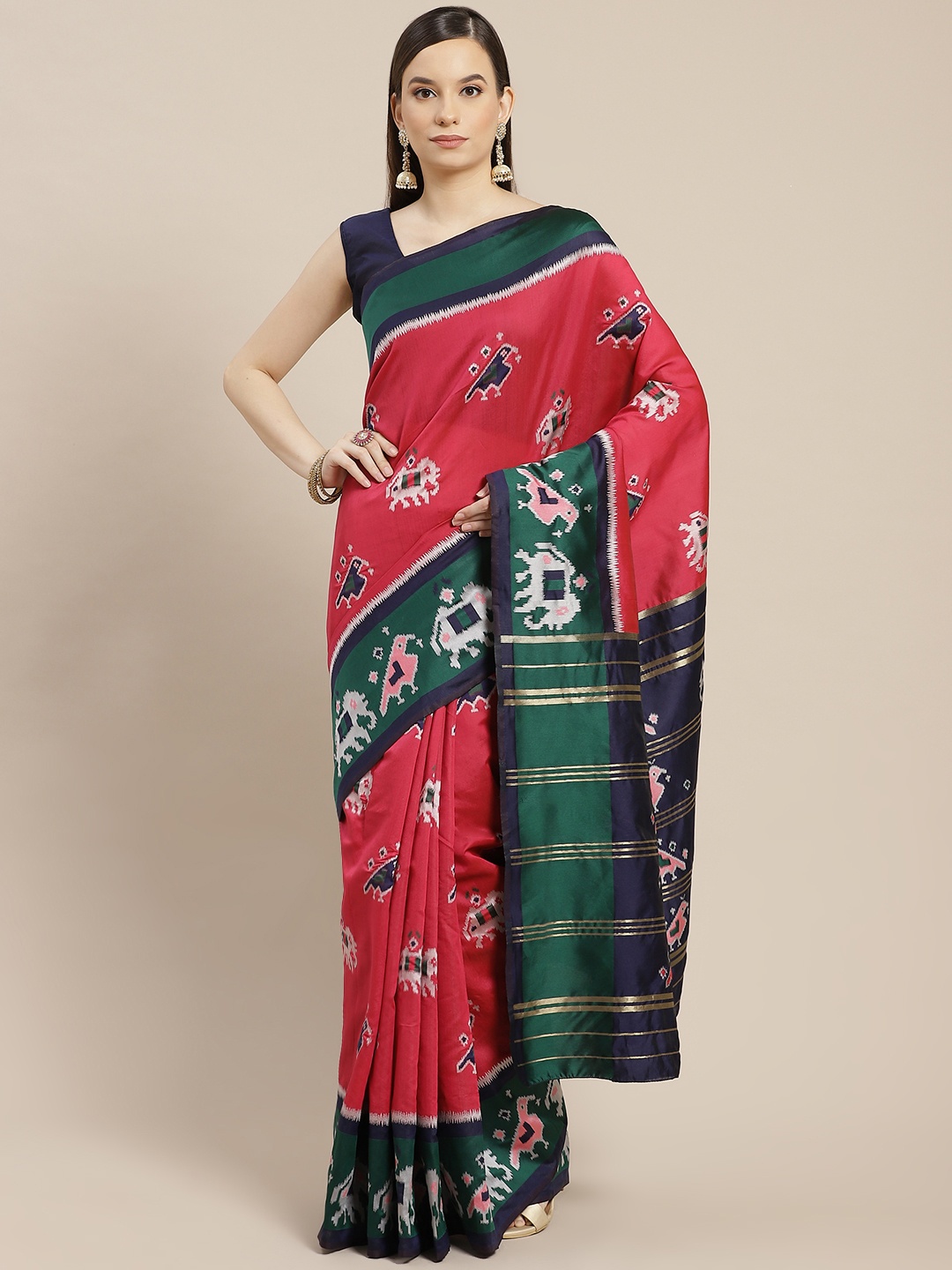 

SHUBHVASTRA Coral Pink Ethnic Motifs Banarasi Silk Woven Design Patola Saree