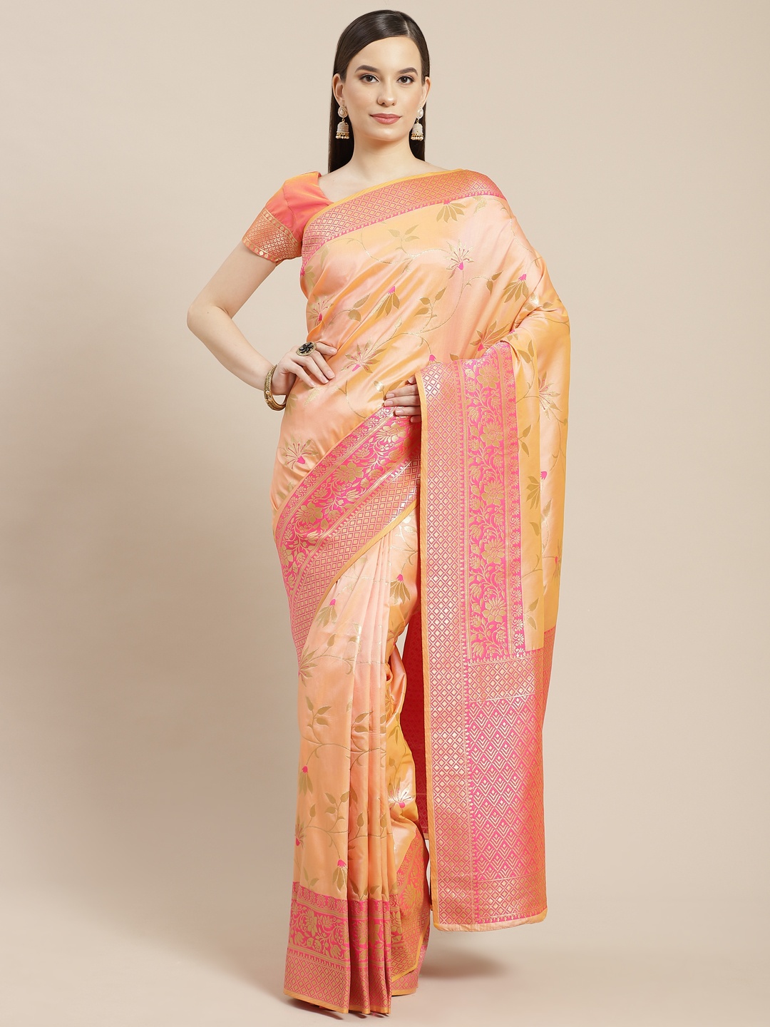 

SHUBHVASTRA Peach-Coloured & Pink Floral Banarasi Saree