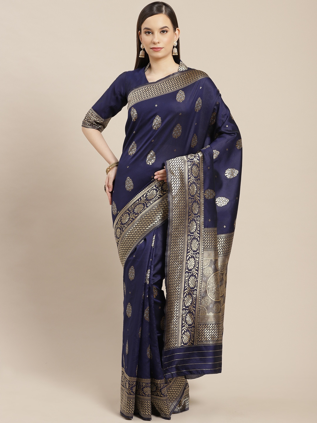 

SHUBHVASTRA Navy Blue & Golden Ethnic Motifs Woven Design Banarasi Saree