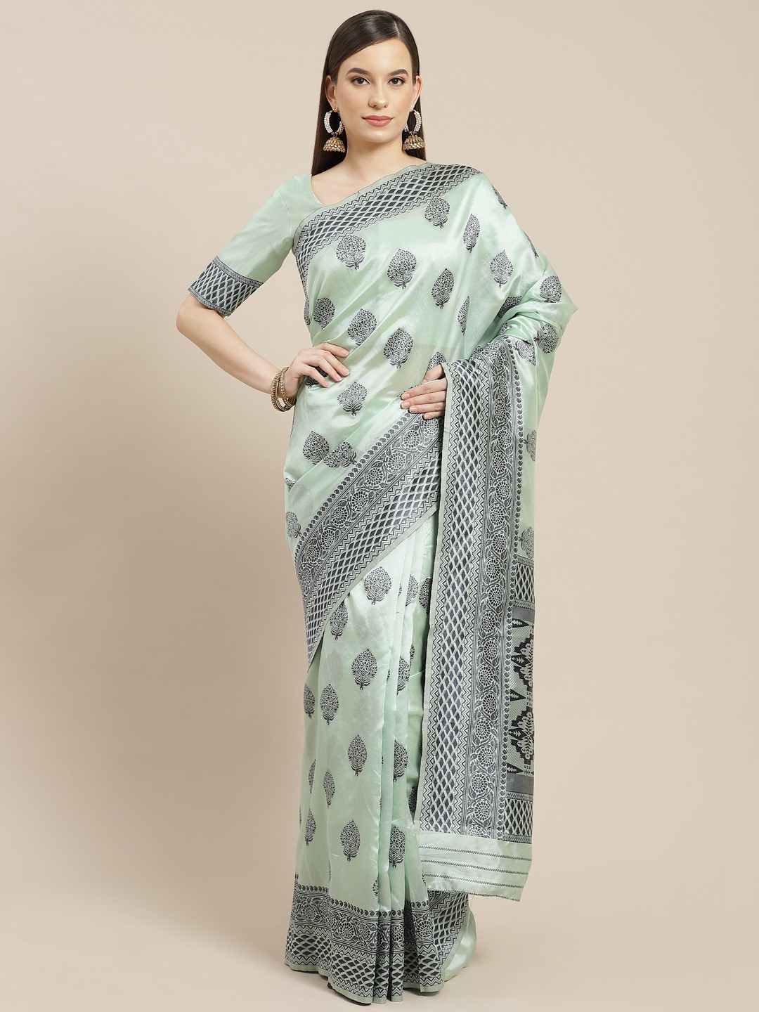 

SHUBHVASTRA Sea Green & Navy Blue Ethnic Motifs Woven Design Banarasi Saree
