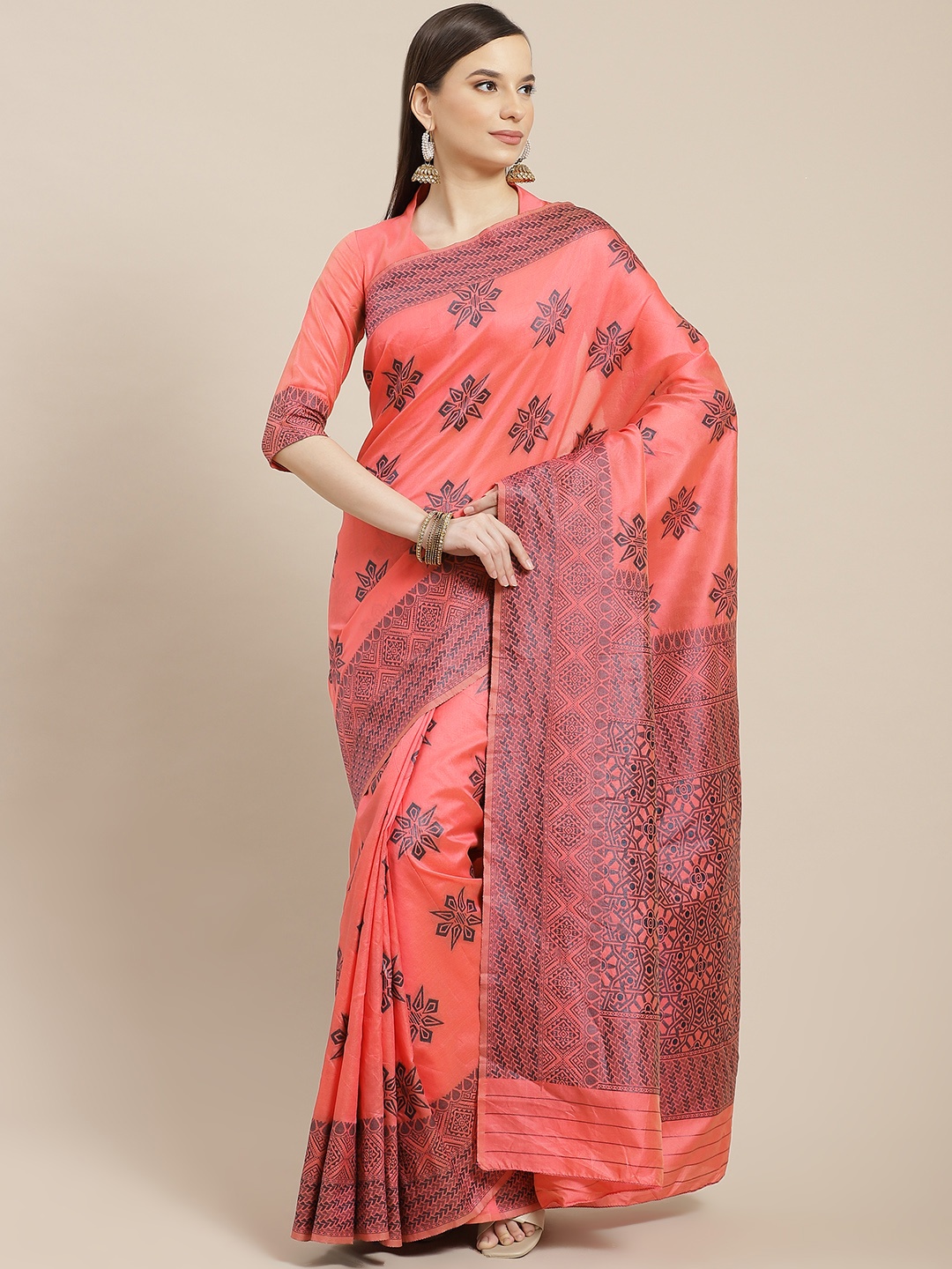 

SHUBHVASTRA Peach-Coloured & Navy Blue Ethnic Motifs Woven Design Banarasi Saree