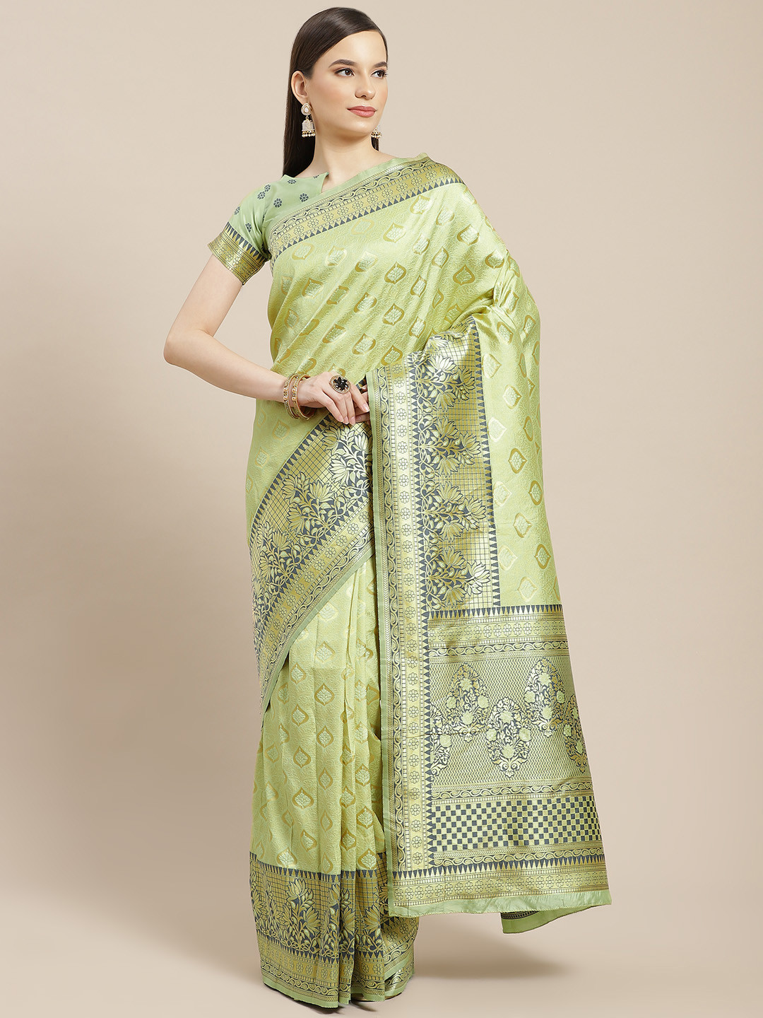 

SHUBHVASTRA Beige & Golen Ethnic Motifs Banarasi Saree