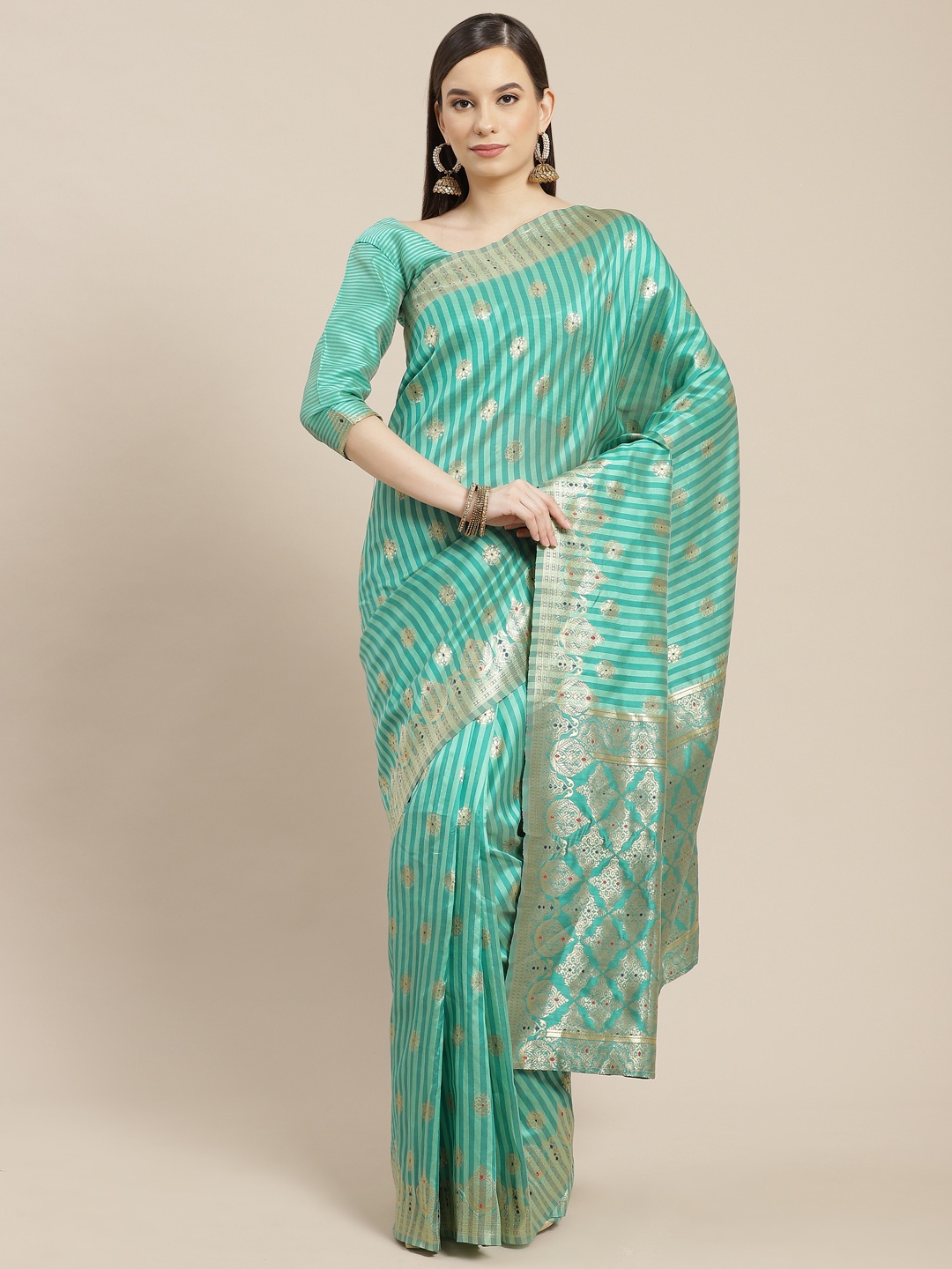 

SHUBHVASTRA Green & Golden Striped Woven Design Banarasi Saree