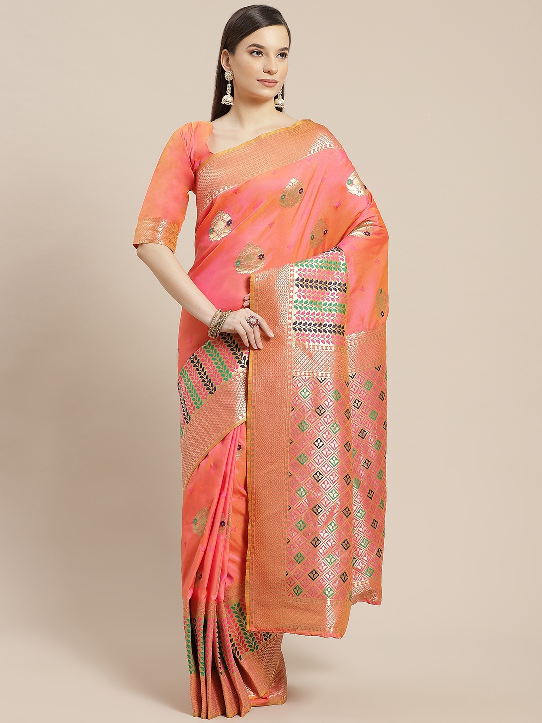 SHUBHVASTRA Coral Pink & Golden Ethnic Motifs Woven Design Banarasi Saree