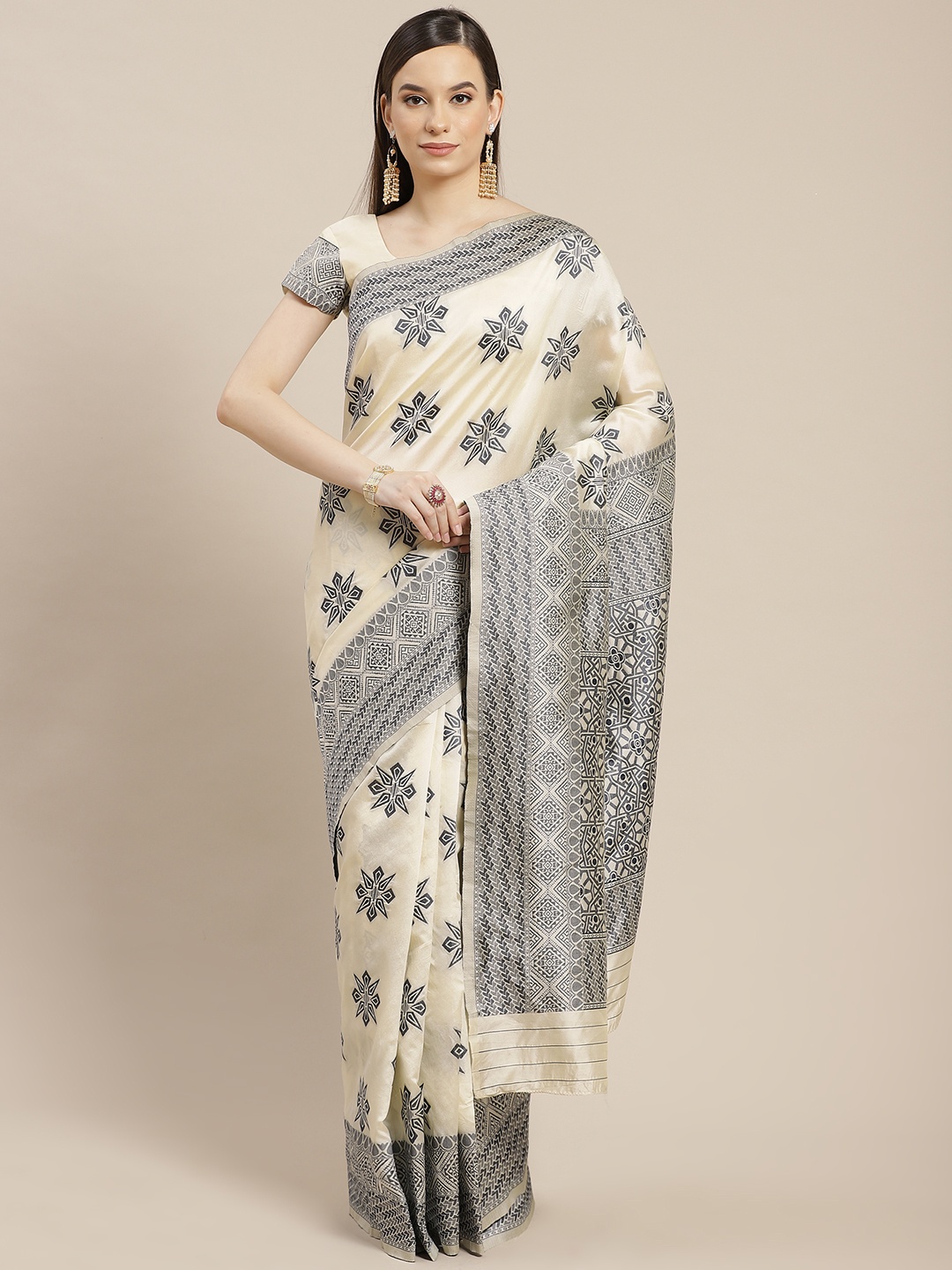 

SHUBHVASTRA Off White & Navy Blue Ethnic Motifs Woven Design Banarasi Saree