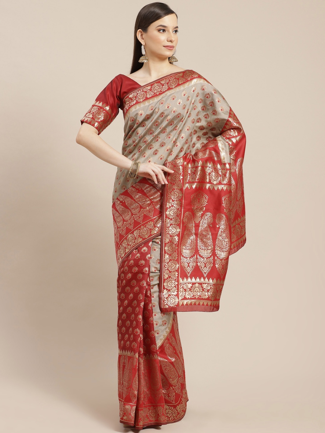 

SHUBHVASTRA Red & Golden Ethnic Motifs Banarasi Saree