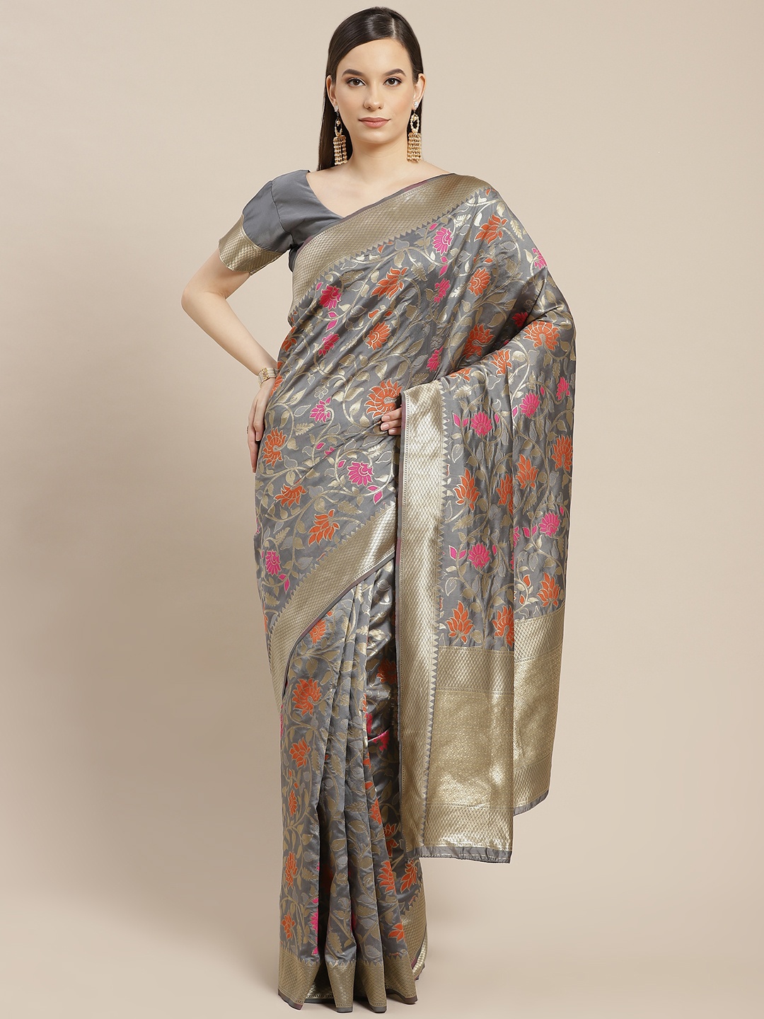 

SHUBHVASTRA Grey & Golden Ethnic Motifs Woven Design Banarasi Saree