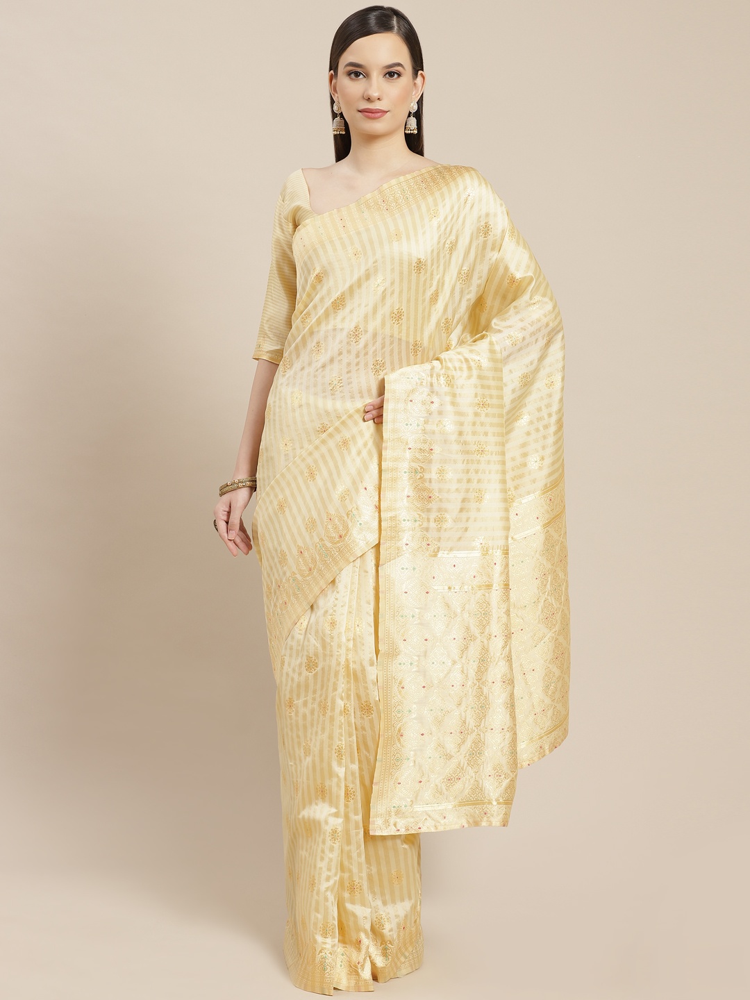 

SHUBHVASTRA Cream-Coloured & Golden Striped Woven Design Banarasi Saree