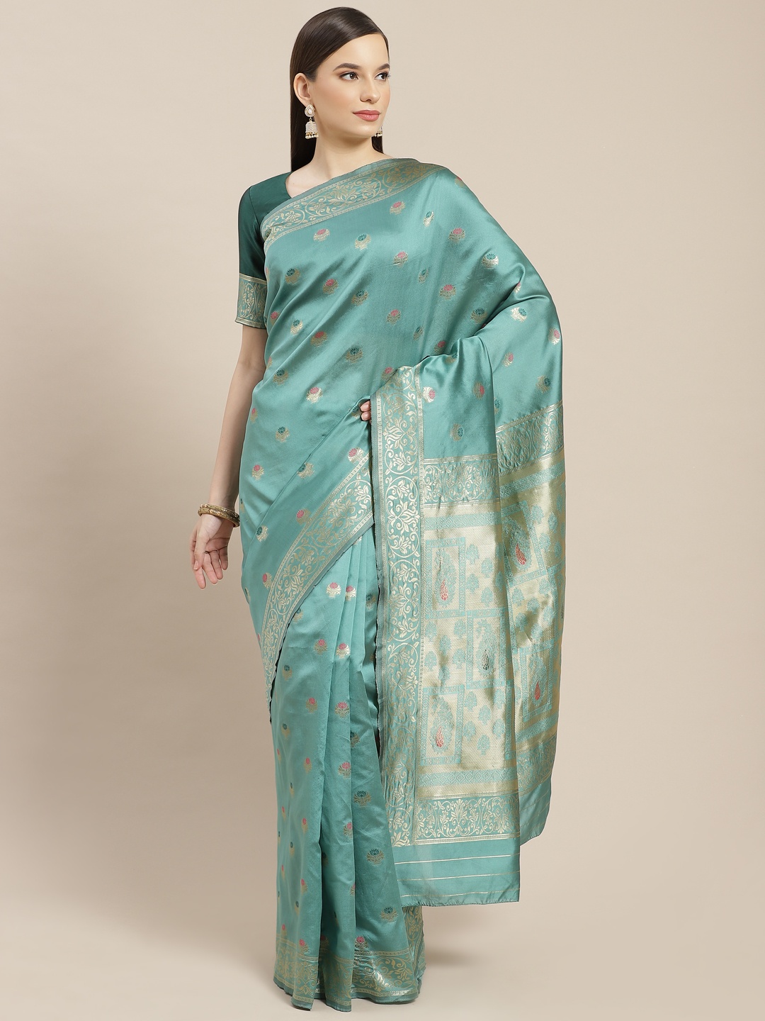 

SHUBHVASTRA Green & Gold-Toned Ethnic Motifs Woven Design Banarasi Saree