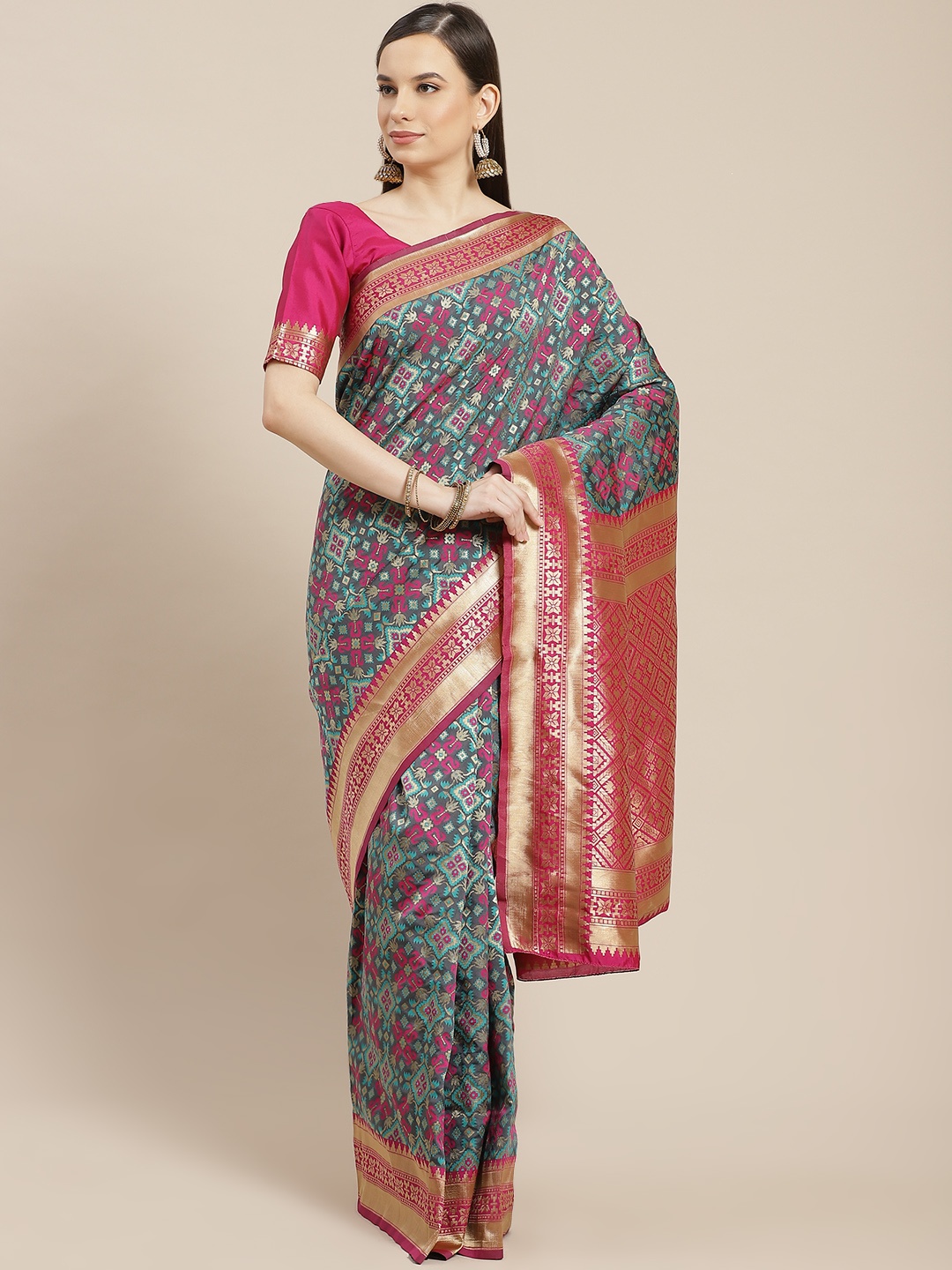 

SHUBHVASTRA Grey & Pink Ethnic Motifs Woven Design Patola Saree