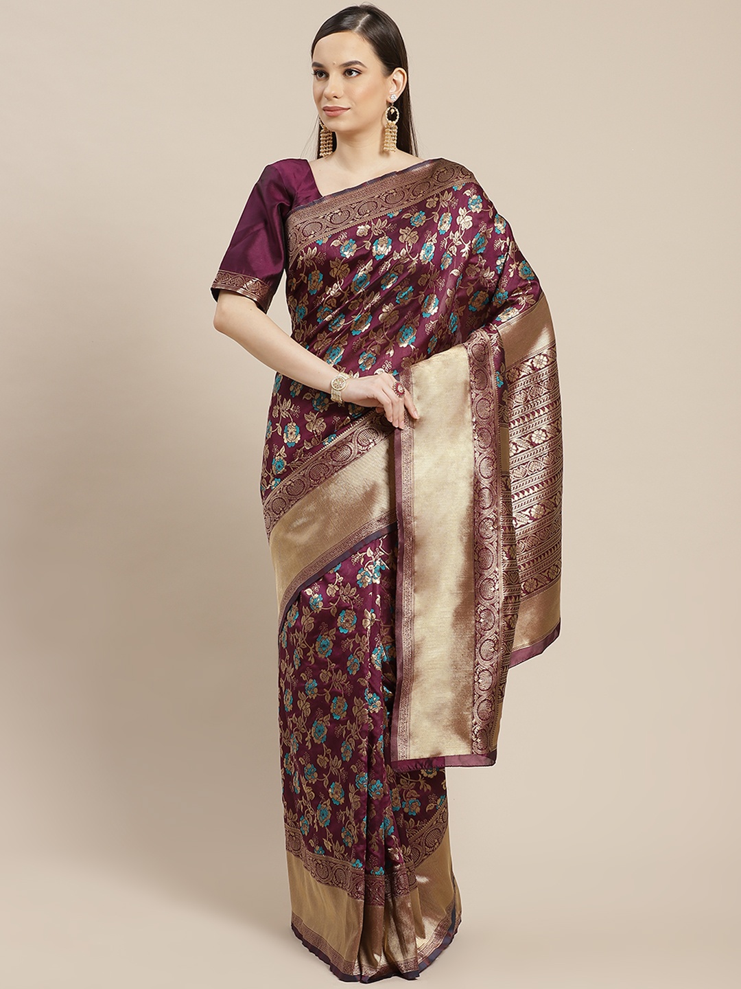 

SHUBHVASTRA Burgundy & Golden Floral Banarasi Saree