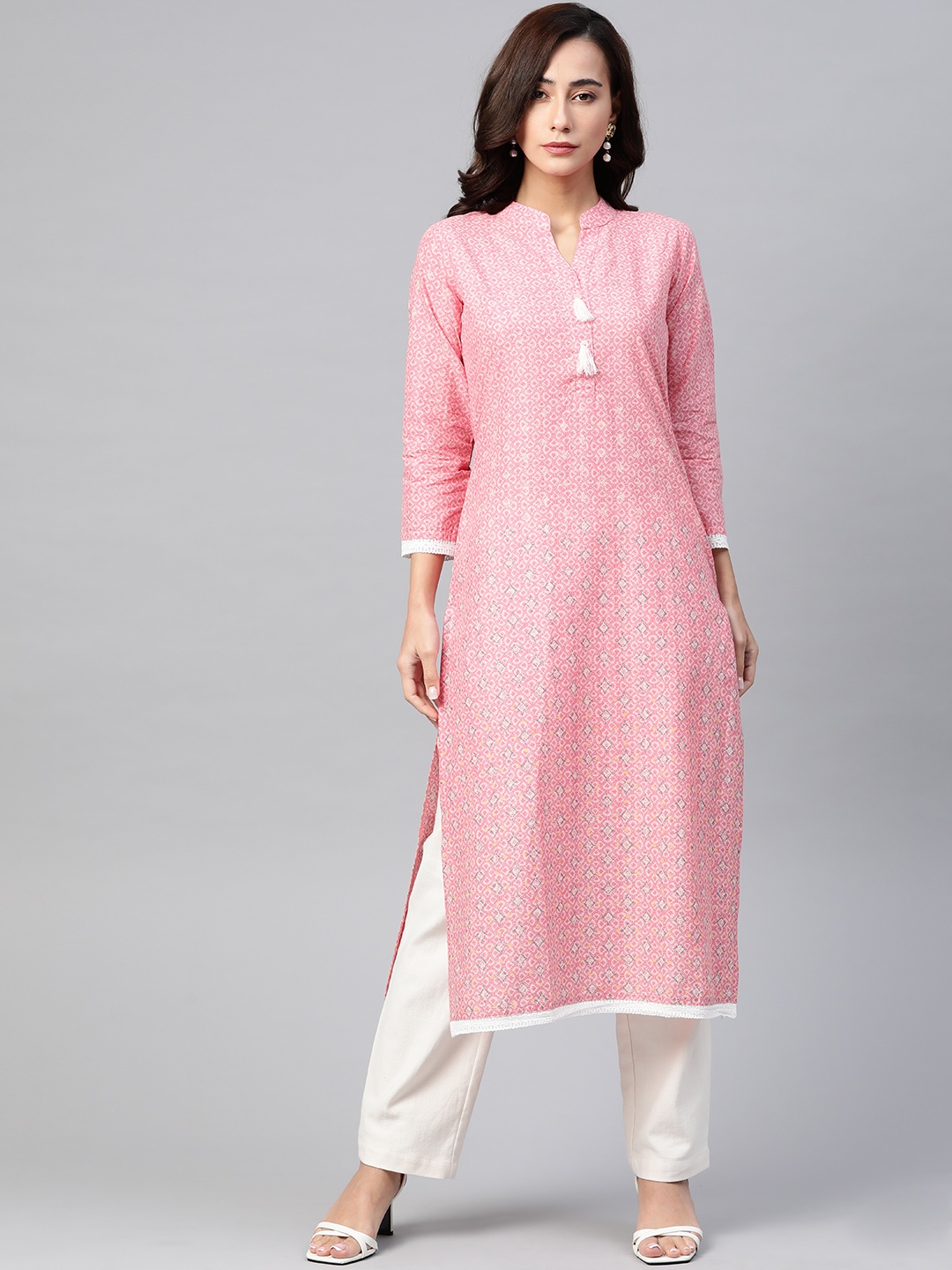 

Jompers Women Pink & Off White Pure Cotton Ethnic Motifs Printed Kurta