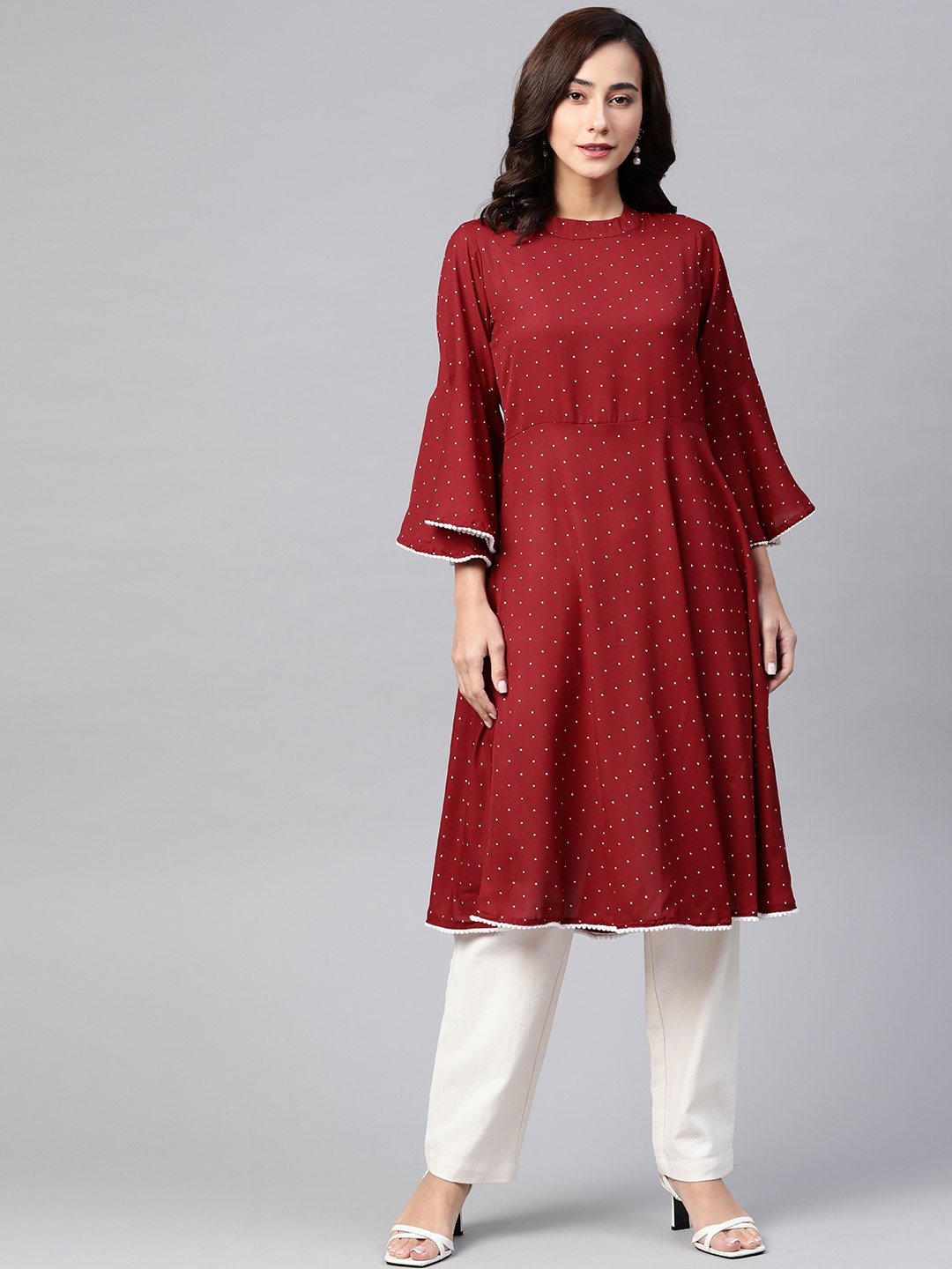 

Jompers Women Maroon & White Polka Dots Print Bell Sleeves Anarkali Kurta