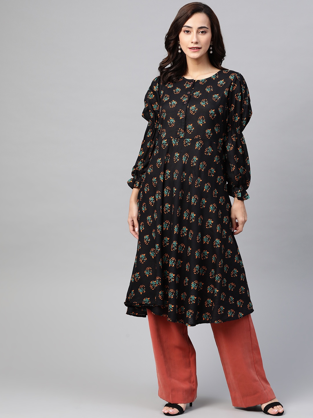 

Jompers Women Black & Mustard Yellow Ethnic Motifs Printed A-Line Kurta