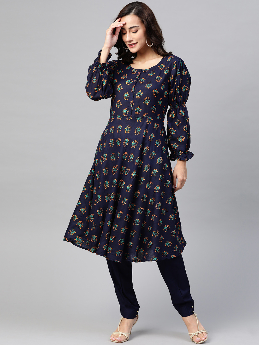 

Jompers Women Navy Blue & Mustard Yellow Ethnic Motifs Printed A-Line Kurta