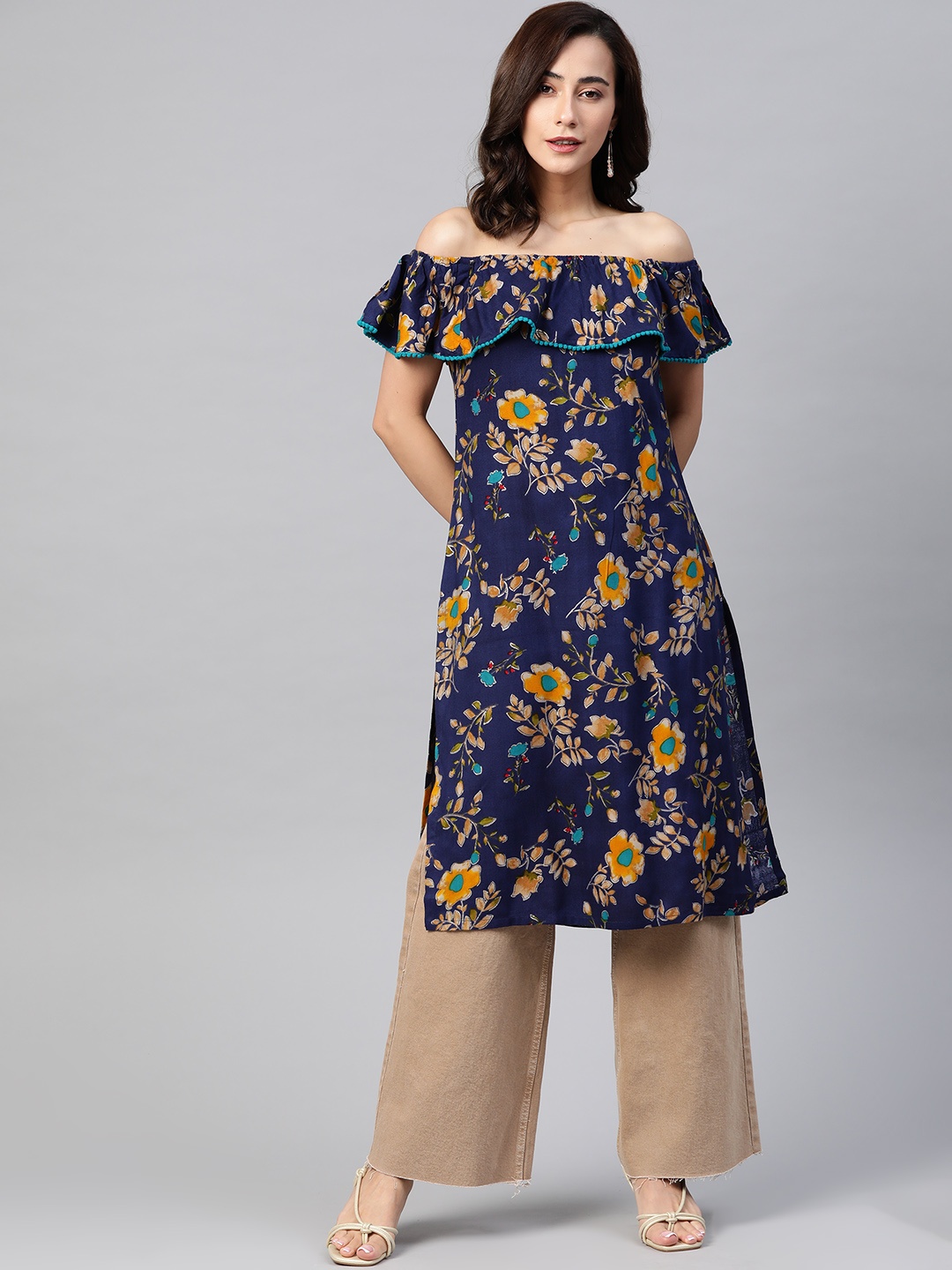 

Jompers Women Navy Blue & Mustard Yellow Floral Printed Straight Kurta