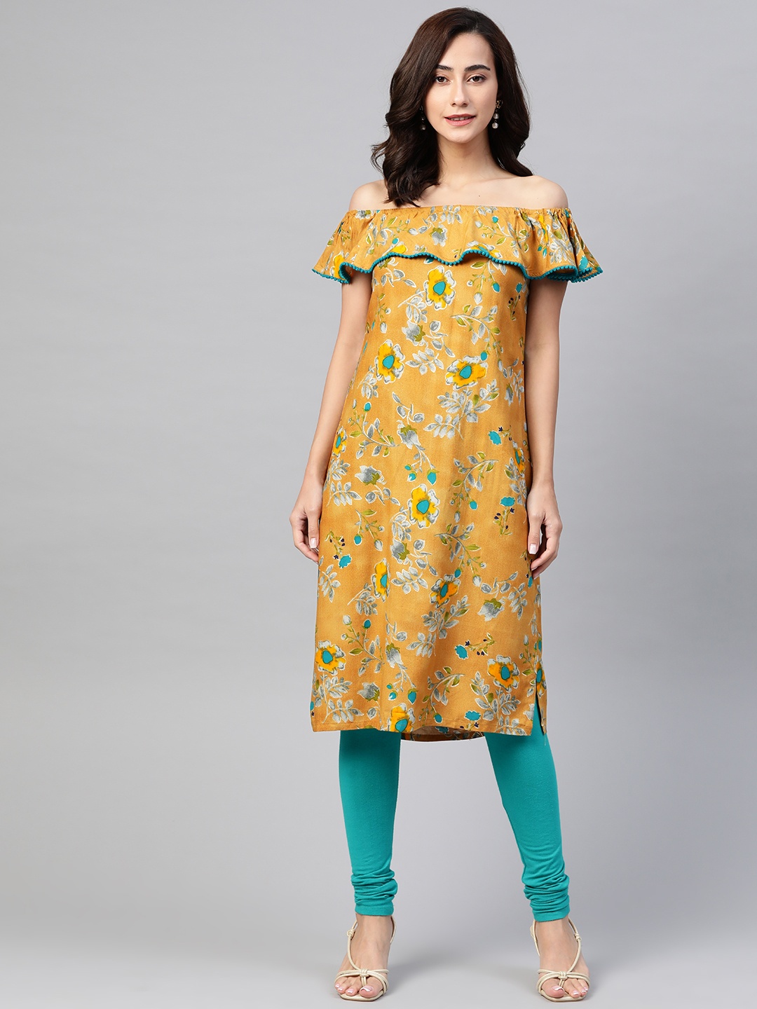 

Jompers Women Mustard Yellow & Teal Blue Floral Printed Straight Kurta