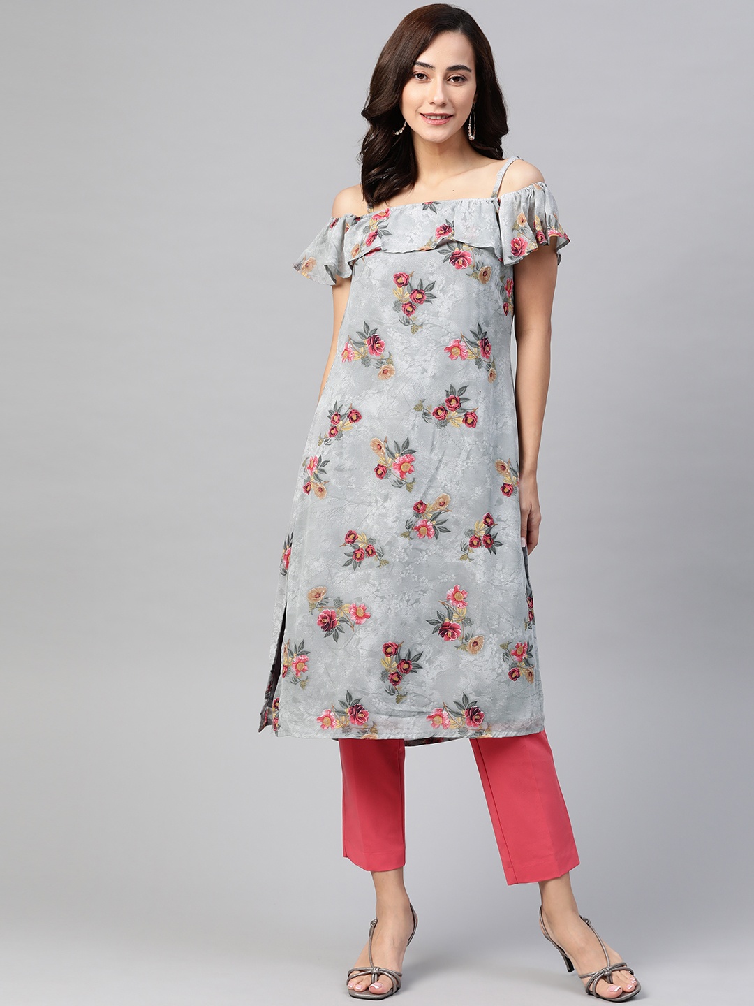 

Jompers Women Grey & Pink Floral Printed Off-Shoulder Floral Kurta