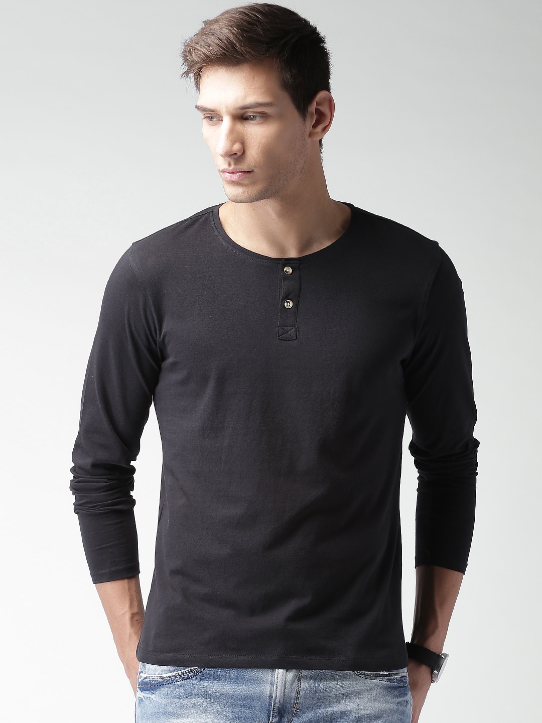 

Mast & Harbour Men Black Solid Henley Neck T-Shirt