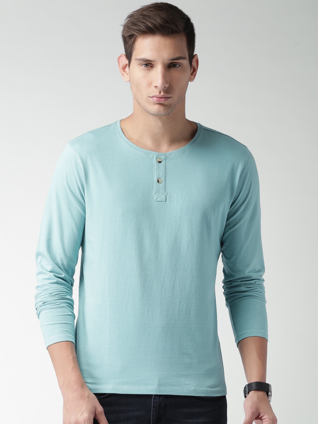 

Mast Harbour Men Blue Solid Henley Pure Cotton T-shirt