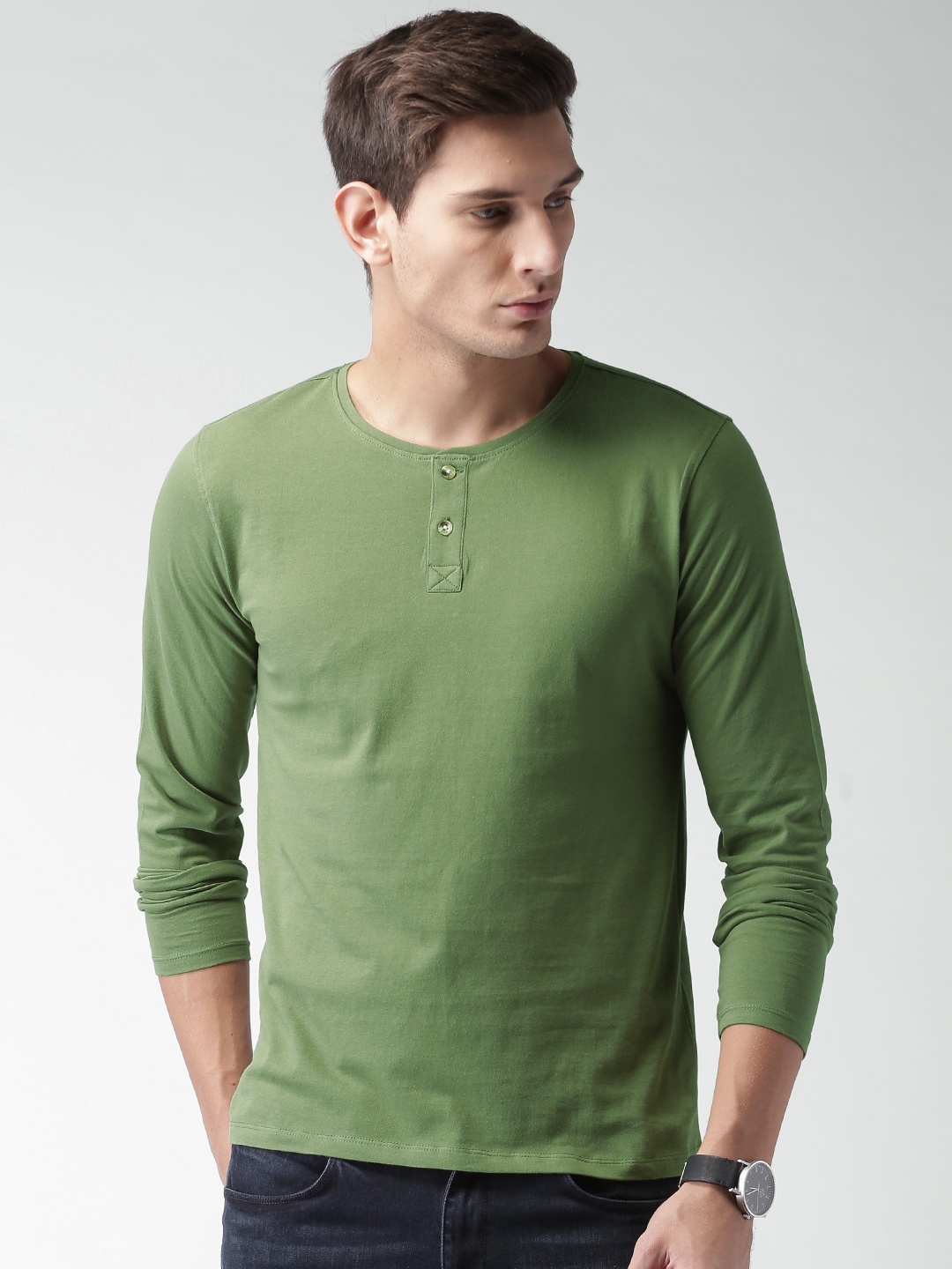 

Mast Harbour Men Olive Green Solid Henley Pure Cotton T-shirt