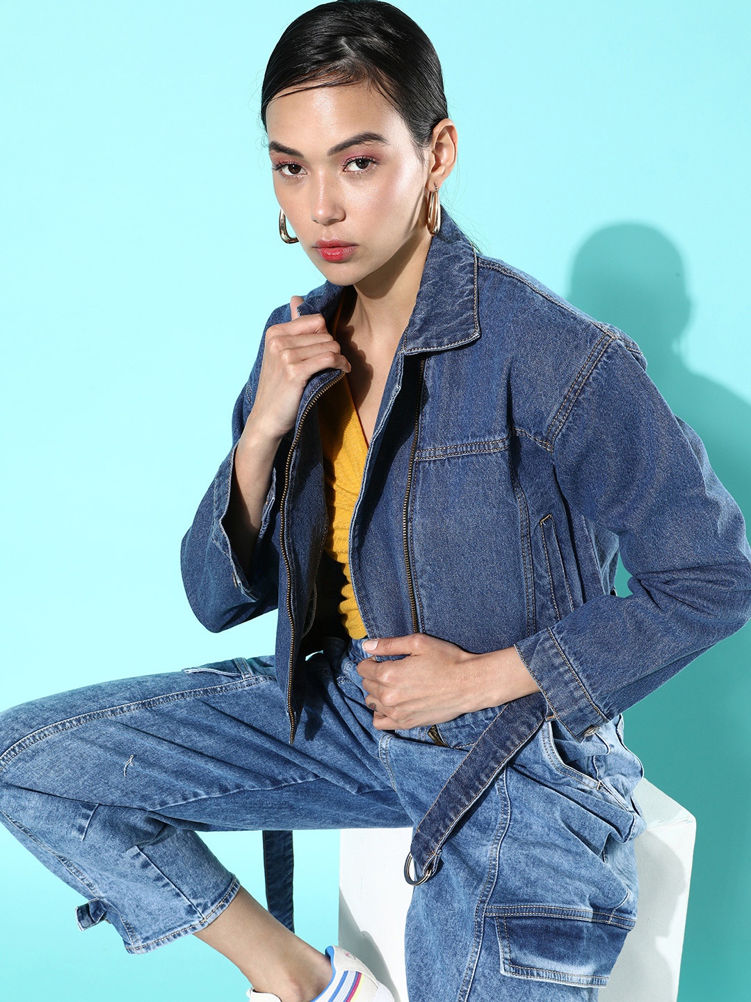 

Roadster Women Stunning Blue Solid Denim Trucker Jacket