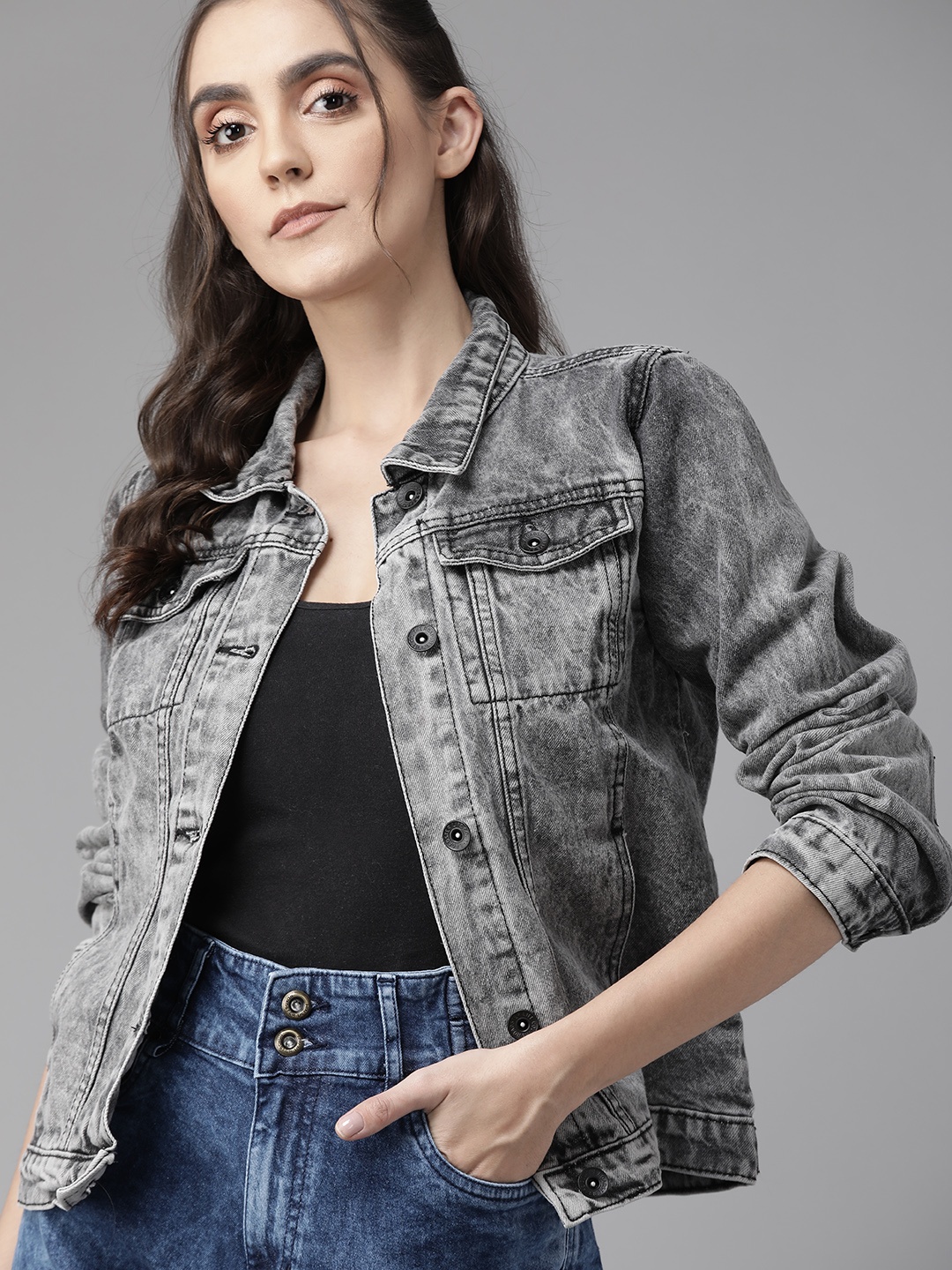 

Roadster Women Charcoal Grey Cotton Solid Denim Jacket