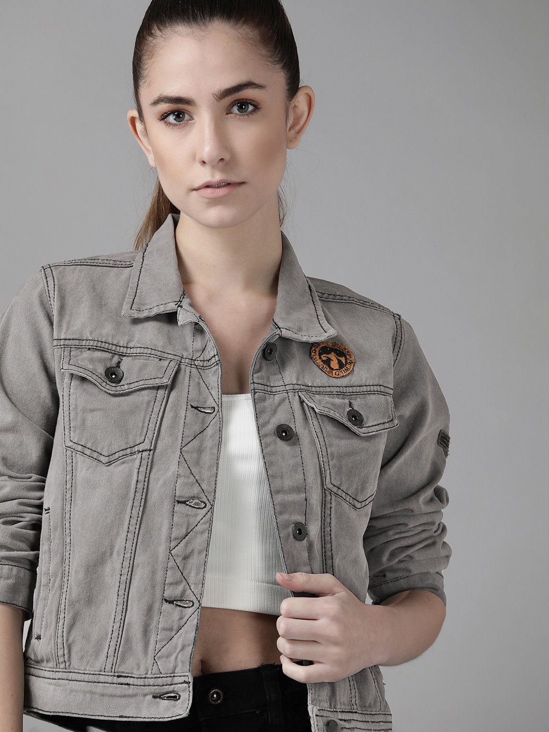 

Roadster Women Charcoal Solid Denim Jacket