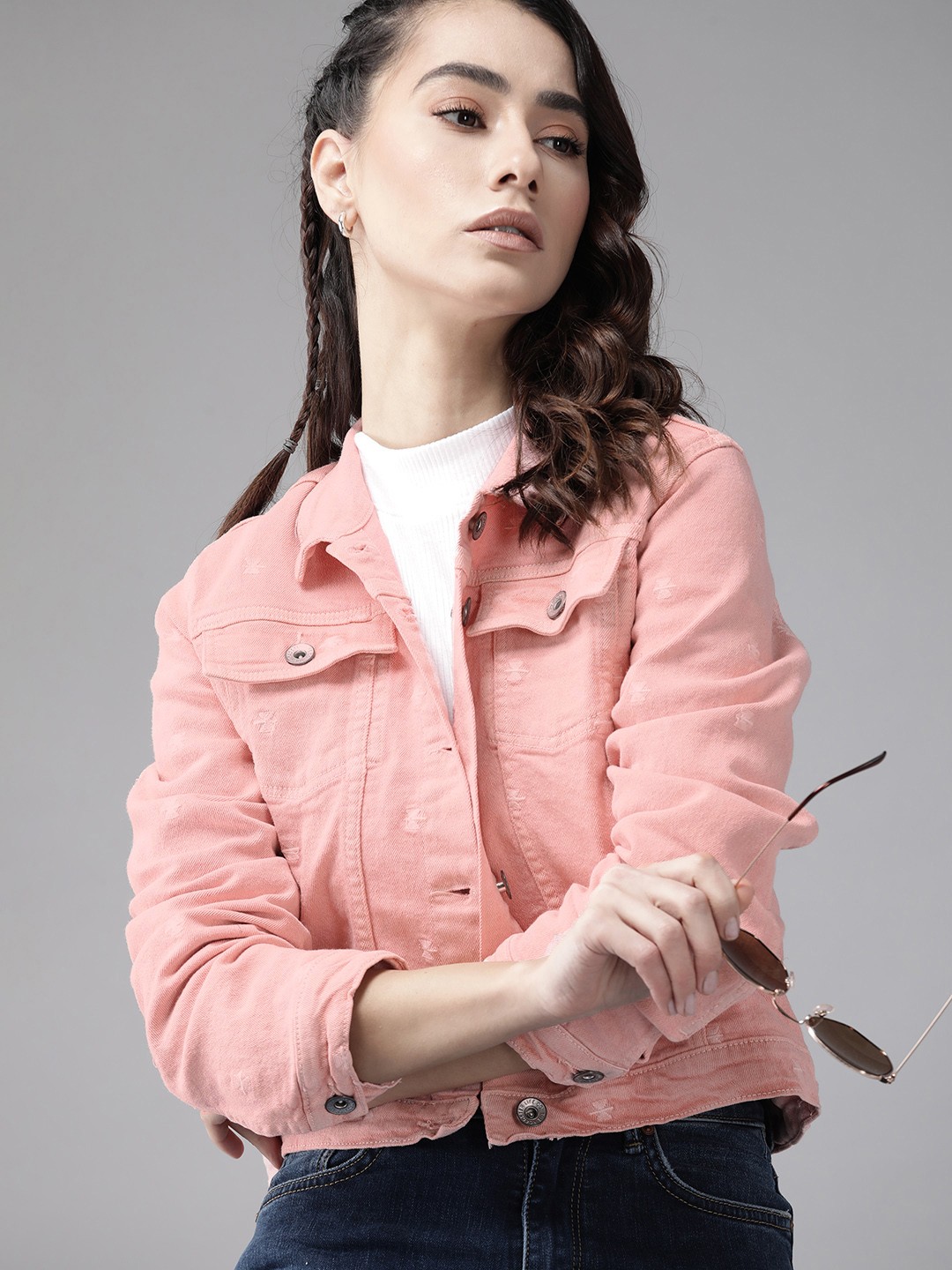

Roadster Women Pink Pure Cotton Embroidered Denim Jacket