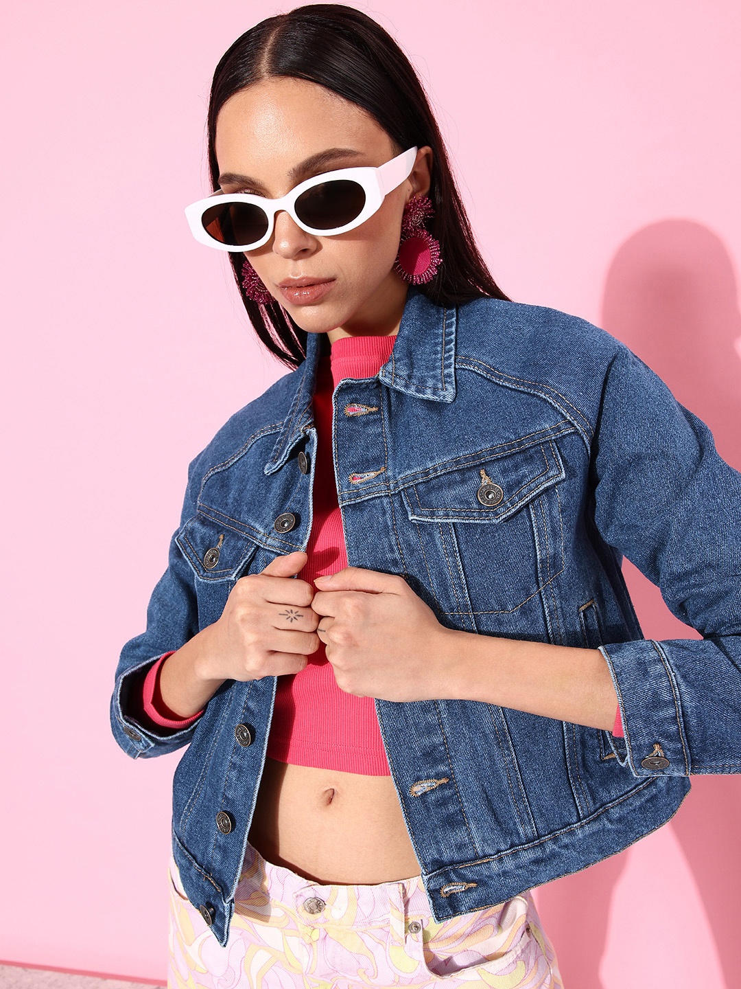 

Roadster Woman Stunning Blue Solid Denim Trucker Jacket