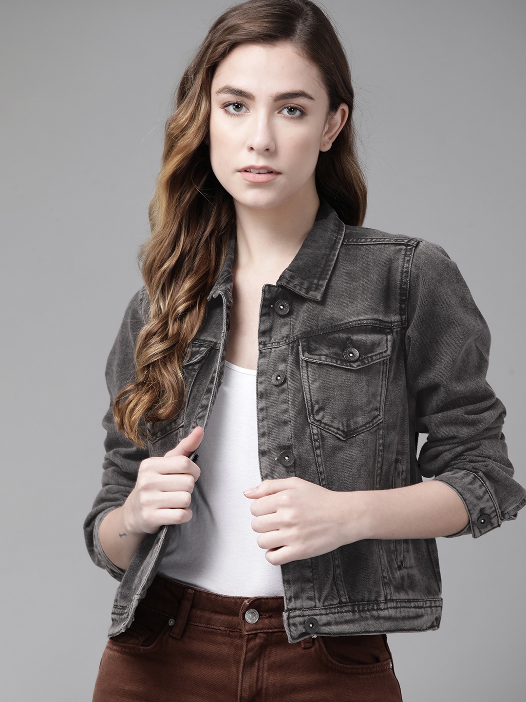 

Roadster Women Grey Washed Pure Cotton Denim Jacket