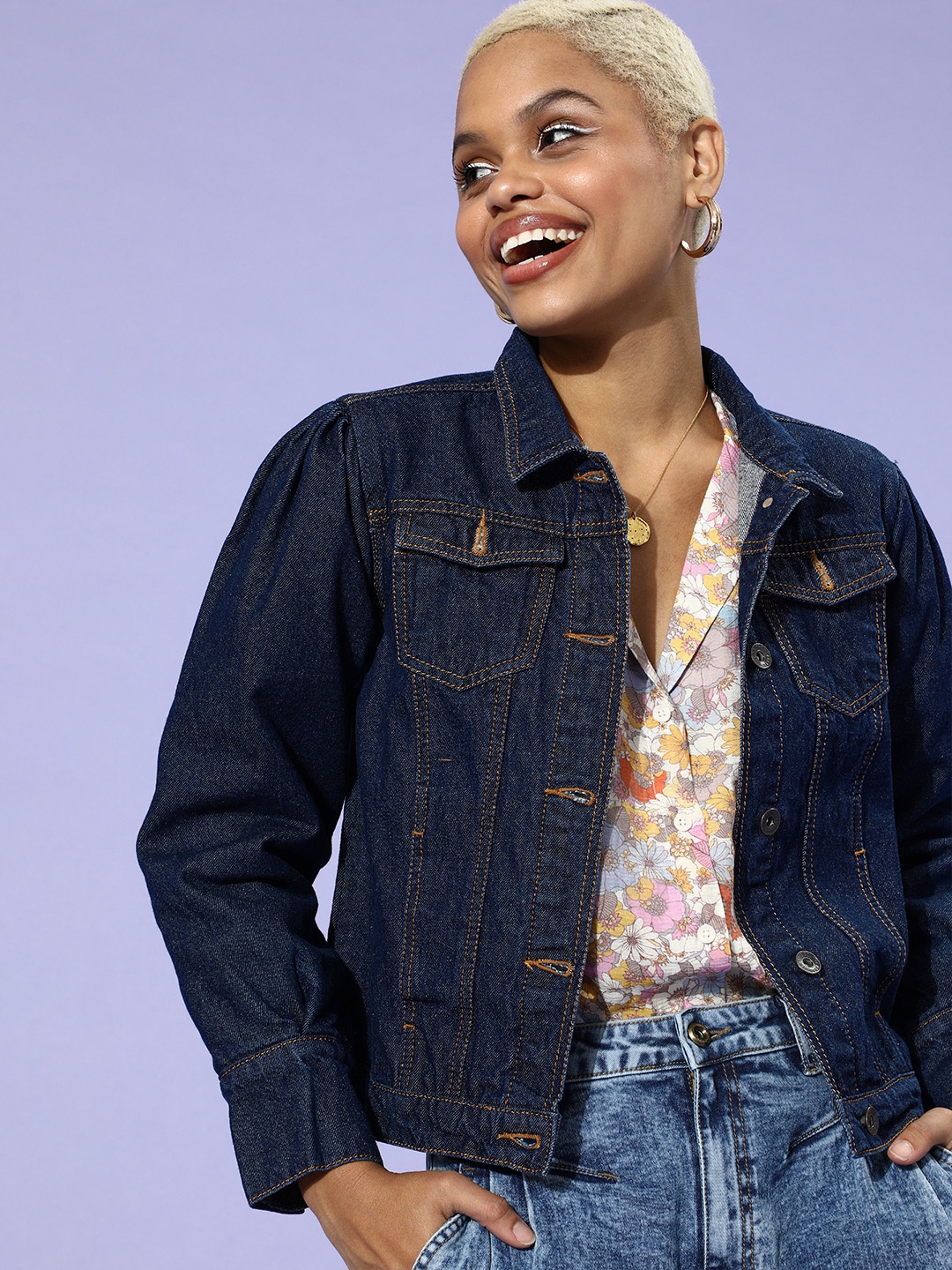 

Roadster Women Deep Navy Blue Solid Denim Trucker Jacket