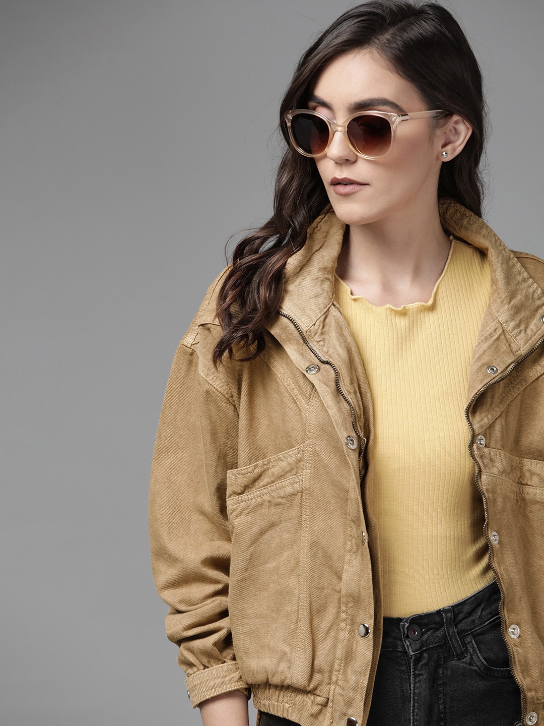 

Roadster Women Khaki Pure Cotton Solid Denim Jacket
