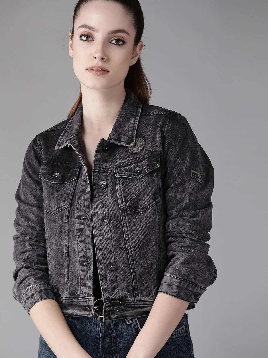 

Roadster Women Black Solid Pure Cotton Denim Jacket