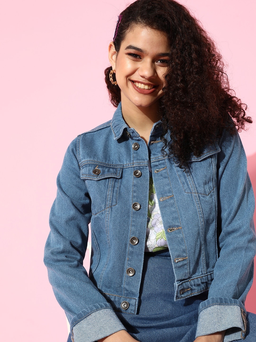 

Roadster Women Stunning Blue Washed Denim Trucker Jacket