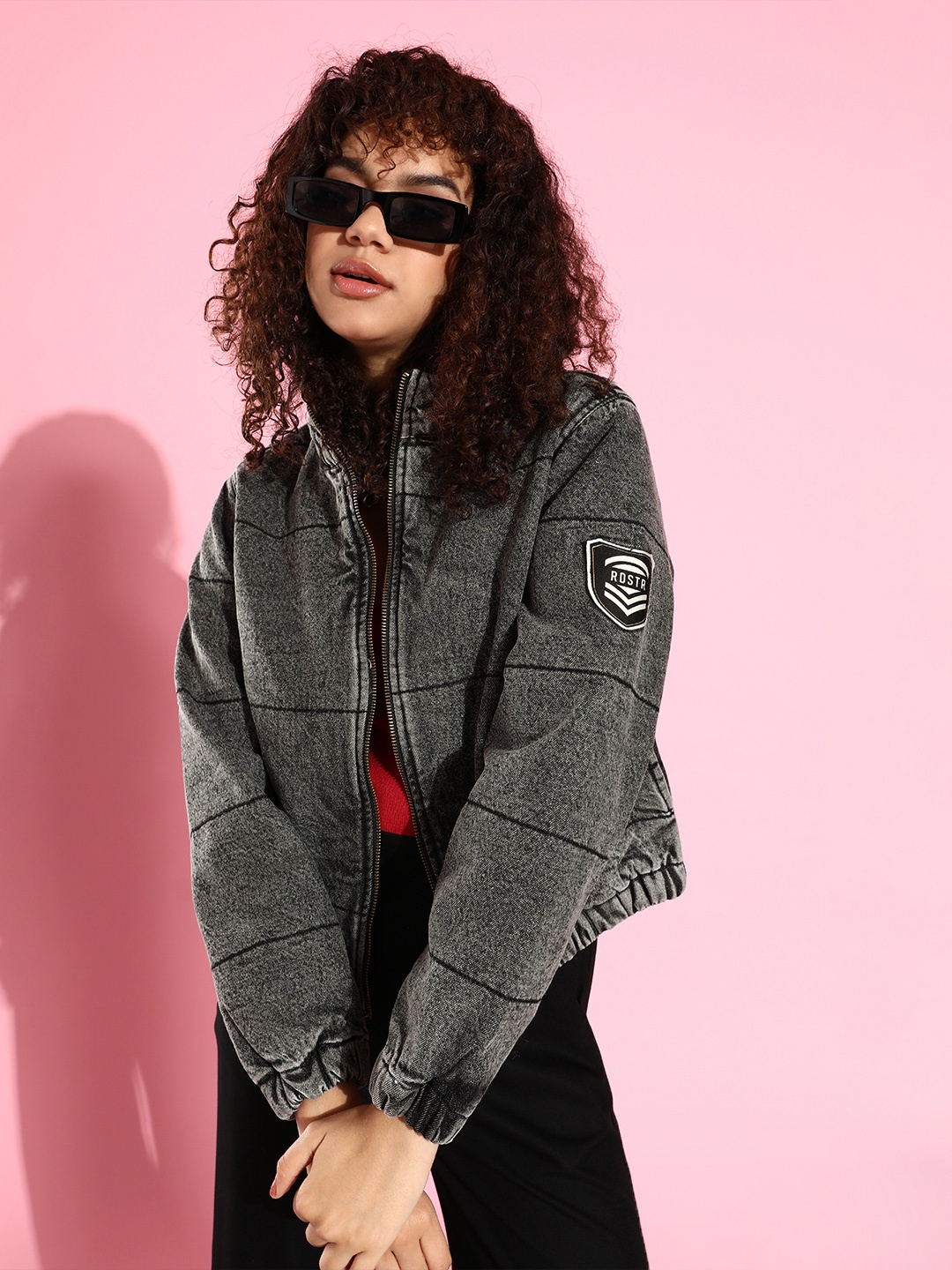 

Roadster Women Beautiful Grey Self-Design Bomber Jacket