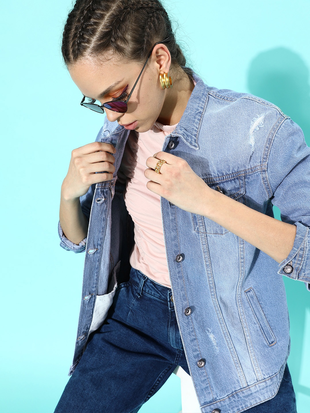 

Roadster Women Stunning Blue Solid Denim Trucker Jacket