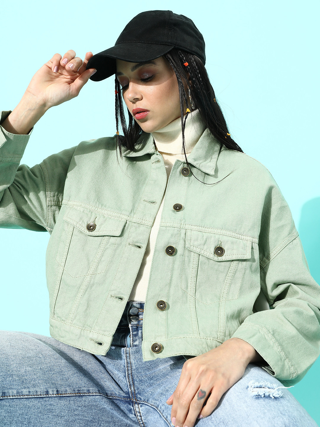 

Roadster Women Gorgeous Green Solid Denim Trucker Jacket