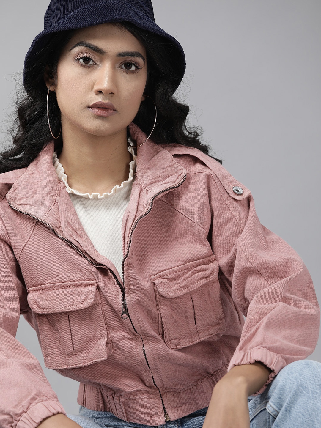 

Roadster Women Pink Solid Pure Cotton Denim Jacket
